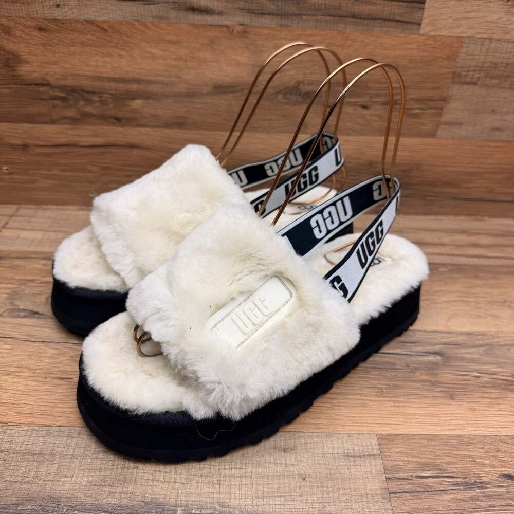 UGG Disco Slide Women's Slippers Size 10 Cream/Black Shearling Fur Logo Strap